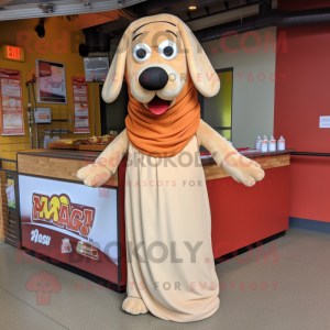 Tan Hot Dogs mascot costume character dressed with a Maxi Skirt and Shawl pins
