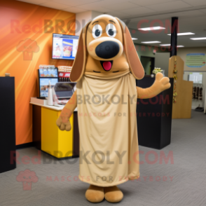 Tan Hot Dogs mascot costume character dressed with a Maxi Skirt and Shawl pins