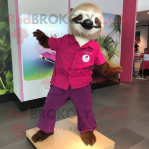 Magenta Sloth mascot costume character dressed with a Poplin Shirt and Shoe clips
