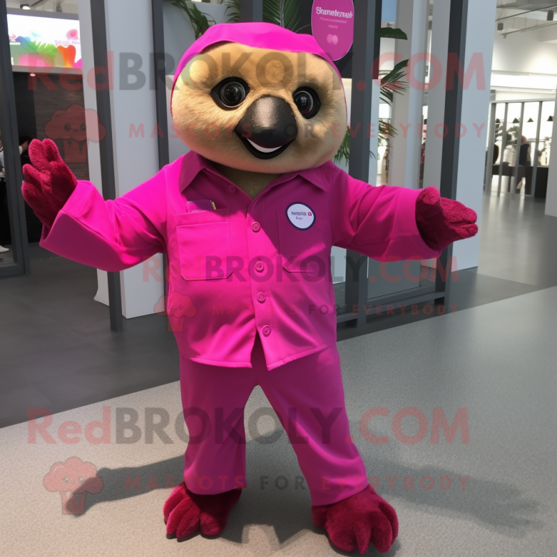 Magenta Sloth mascot costume character dressed with a Poplin Shirt and Shoe clips