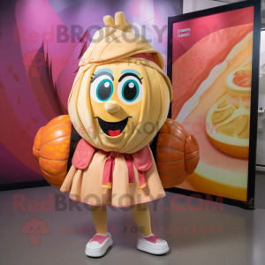 Peach Fajitas mascot costume character dressed with a Wrap Skirt and Backpacks