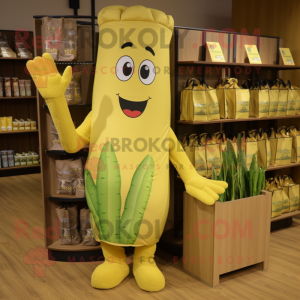 Gold Celery mascot costume character dressed with a T-Shirt and Tote bags