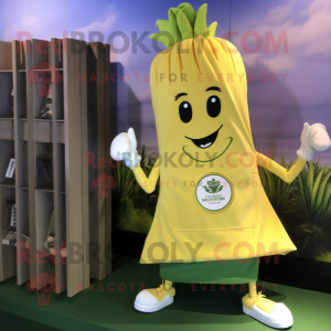 Gold Celery mascot costume character dressed with a T-Shirt and Tote bags