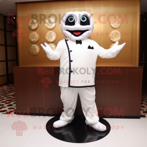 White Dim Sum mascot costume character dressed with a Suit Jacket and Foot pads