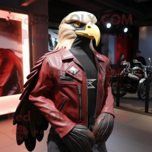 Red Bald Eagle mascot costume character dressed with a Leather Jacket and Scarves