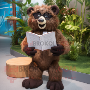 Brown Sloth Bear mascot costume character dressed with a Rash Guard and Reading glasses