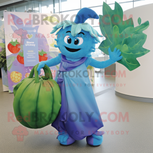 Blue Beanstalk mascot costume character dressed with a Maxi Dress and Tote bags