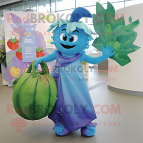 Blue Beanstalk mascot costume character dressed with a Maxi Dress and Tote bags