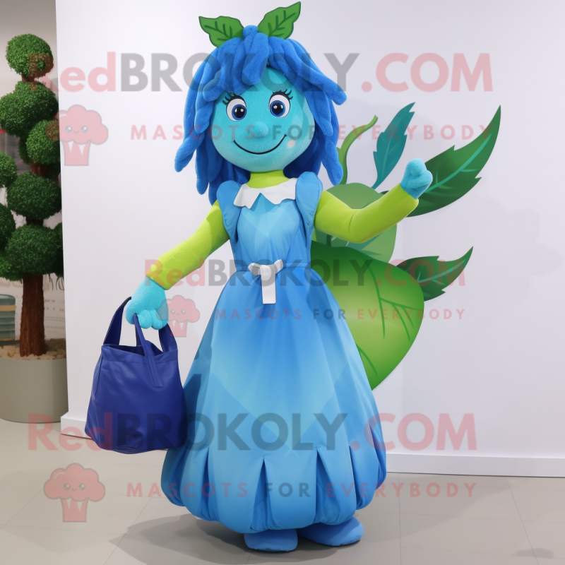 Blue Beanstalk mascot costume character dressed with a Maxi Dress and Tote bags