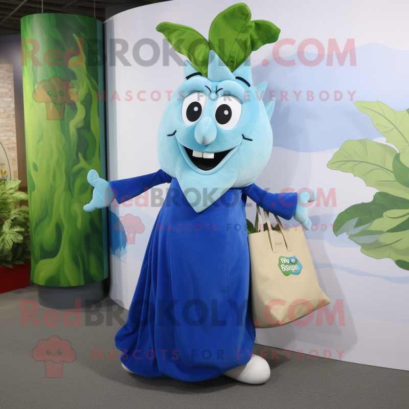 Blue Beanstalk mascot costume character dressed with a Maxi Dress and Tote bags