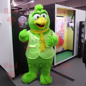 Lime Green Fried Chicken mascot costume character dressed with a Suit Pants and Scarves