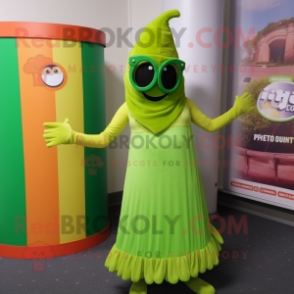 Lime Green Tikka Masala mascot costume character dressed with a Midi Dress and Sunglasses