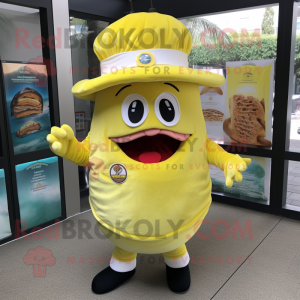 Lemon Yellow Pulled Pork Sandwich mascot costume character dressed with a Bermuda Shorts and Hat pins