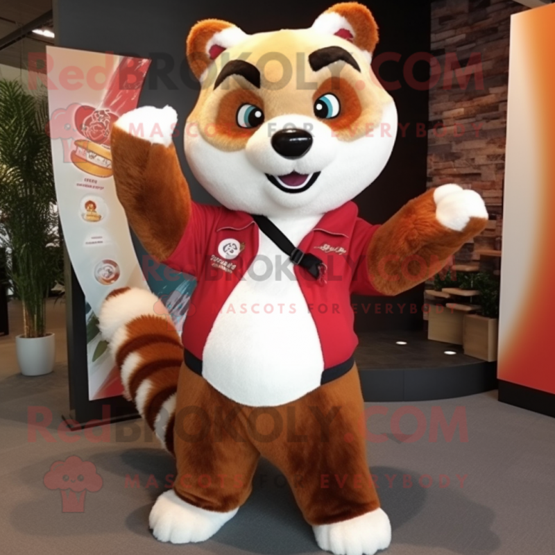 Beige Red Panda mascot costume character dressed with a Flare Jeans and Tie pins