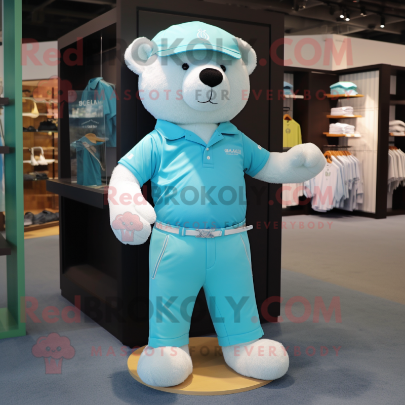 Cyan Teddy Bear mascot costume character dressed with a Polo Tee and Pocket squares