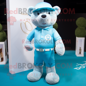 Cyan Teddy Bear mascot costume character dressed with a Polo Tee and Pocket squares