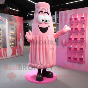 Pink Scented Candle mascot costume character dressed with a Midi Dress and Shoe laces