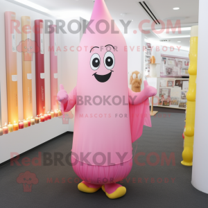 Pink Scented Candle mascot costume character dressed with a Midi Dress and Shoe laces