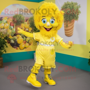 Lemon Yellow Irish Dancing Shoes mascot costume character dressed with a Dungarees and Foot pads