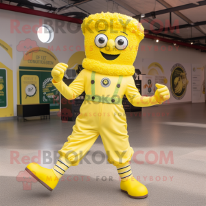 Lemon Yellow Irish Dancing Shoes mascot costume character dressed with a Dungarees and Foot pads