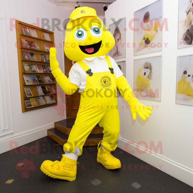 Lemon Yellow Irish Dancing Shoes mascot costume character dressed with a Dungarees and Foot pads