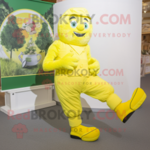 Lemon Yellow Irish Dancing Shoes mascot costume character dressed with a Dungarees and Foot pads