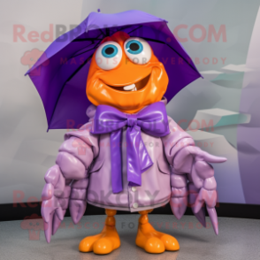 Lavender Hermit Crab mascot costume character dressed with a Raincoat and Bow ties
