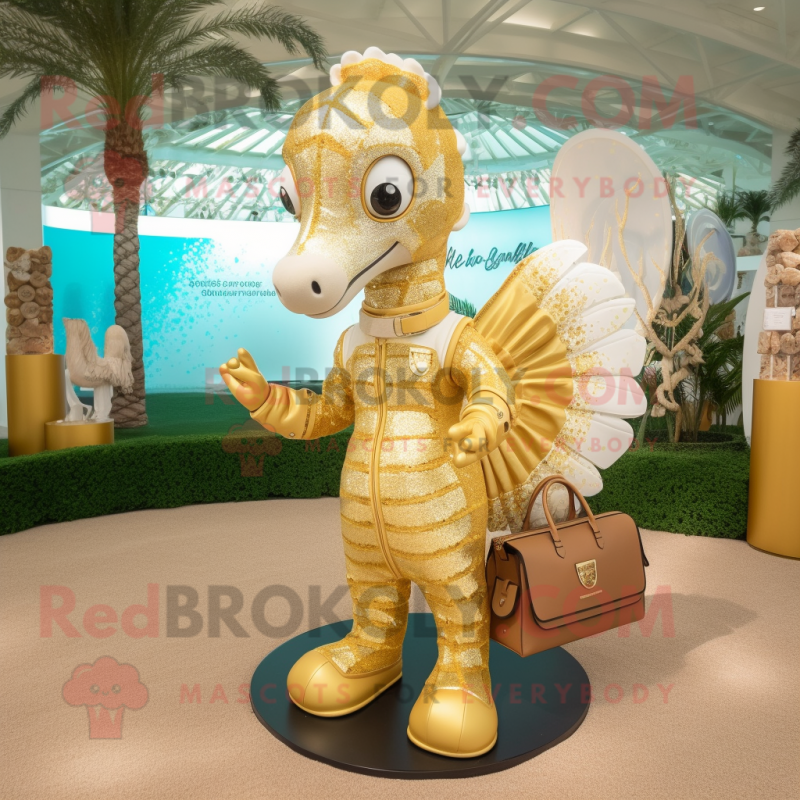 Gold Sea Horse mascot costume character dressed with a Shorts and Handbags