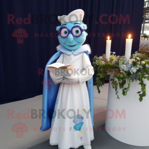 Blue Scented Candle mascot costume character dressed with a Wedding Dress and Reading glasses