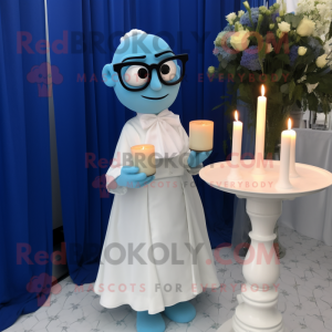 Blue Scented Candle mascot costume character dressed with a Wedding Dress and Reading glasses