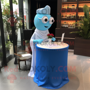Blue Scented Candle mascot costume character dressed with a Wedding Dress and Reading glasses