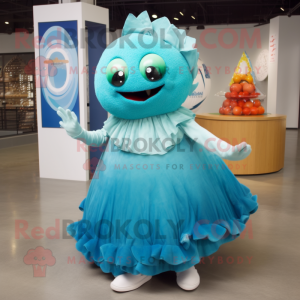 Cyan Ceviche mascot costume character dressed with a Ball Gown and Shoe laces