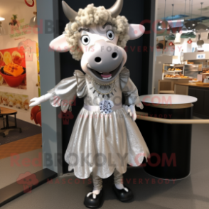 Silver Beef Stroganoff mascot costume character dressed with a Skirt and Earrings