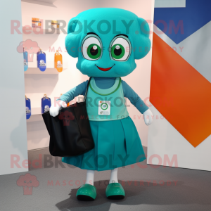 Turquoise Irish Flag mascot costume character dressed with a Pencil Skirt and Tote bags