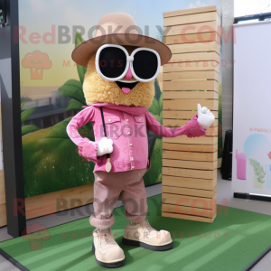 Pink Scarecrow mascot costume character dressed with a Corduroy Pants and Sunglasses