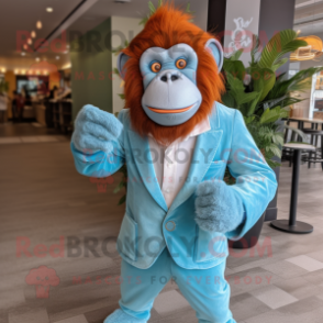 Sky Blue Orangutan mascot costume character dressed with a Cardigan and Pocket squares