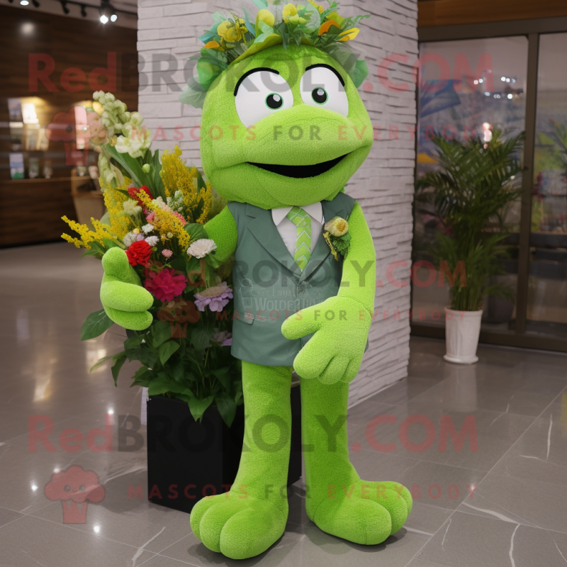 Lime Green Bouquet Of Flowers mascot costume character dressed with a Suit Jacket and Messenger bags