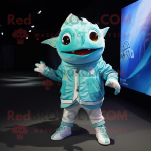 Cyan Ceviche mascot costume character dressed with a Jacket and Anklets