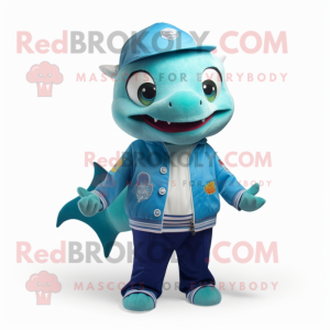 Cyan Ceviche mascot costume character dressed with a Jacket and Anklets