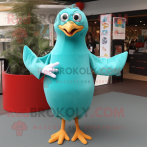 Turquoise Gull mascot costume character dressed with a Pencil Skirt and Foot pads