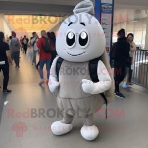 Gray Clam Chowder mascot costume character dressed with a Leggings and Backpacks