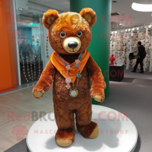 Rust Teddy Bear mascot costume character dressed with a Wrap Skirt and Necklaces