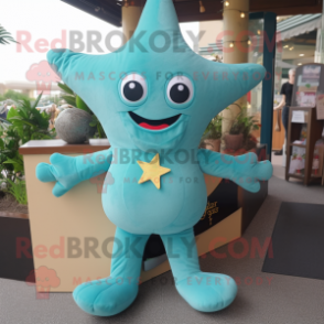 Turquoise Starfish mascot costume character dressed with a Playsuit and Tie pins