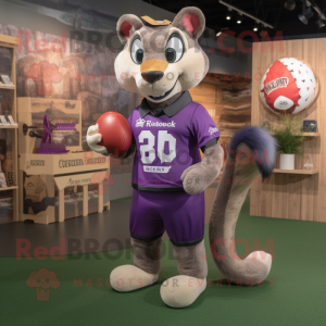 Lavender Marten mascot costume character dressed with a Rugby Shirt and Coin purses