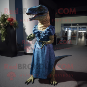 nan Allosaurus mascot costume character dressed with a Evening Gown and Mittens