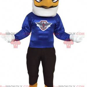 Witte adelaar mascotte met een blauwe trui. Adelaar kostuum -