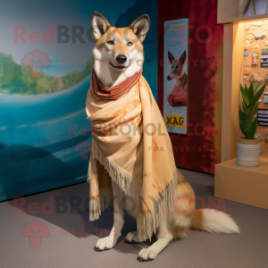 Tan Dingo mascot costume character dressed with a Wrap Skirt and Shawls