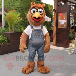 Brown Fried Chicken mascot costume character dressed with a Jeans and Suspenders