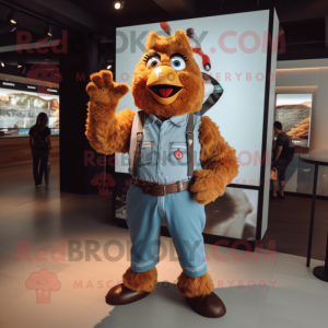 Brown Fried Chicken mascot costume character dressed with a Jeans and Suspenders