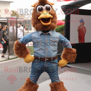 Brown Fried Chicken mascot costume character dressed with a Jeans and Suspenders